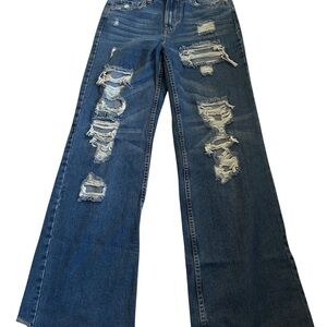 Aeropostale Dark-Med Wash Blue Denim Flare Wide Leg Jeans Distressed Thrashed S4